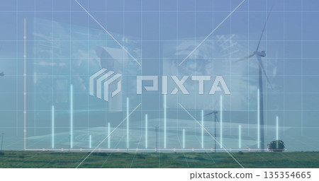 White wind turbines spinning on grass plain, with bar graph, grid overlay and interface screens White wind turbines spinning on grass plain, with bar graph, grid overlay and interface screens 135354665