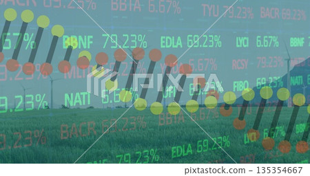 Displaying stock chart overlay highlighting data points and bars over farmland with turbines, silo Displaying stock chart overlay highlighting data points and bars over farmland with turbines, silo 135354667