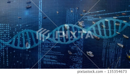 Displaying DNA double helix graphic stretching across harbor water, anchored boats and code streams 135354673