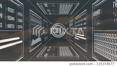 Rotating circular data node displaying numeric values in cloud space, with floating data panels Rotating circular data node displaying numeric values in cloud space, with floating data panels 135354677