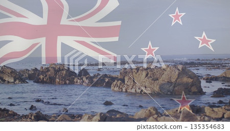 Showing rocky shoreline at low tide with jagged rocks in calm water, New Zealand flag overlay Showing rocky shoreline at low tide with jagged rocks in calm water, New Zealand flag overlay 135354683