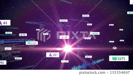 Bright pink starburst flare shining in purple data space, with thumbs-up metrics and comment counts Bright pink starburst flare shining in purple data space, with thumbs-up metrics and comment counts 135354697