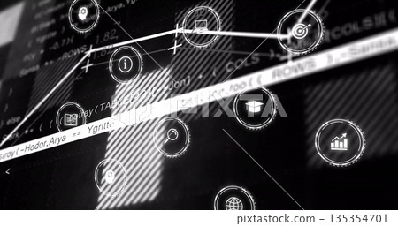 Showing UI icons and code text in digital interface, with data symbols, striped light patterns Showing UI icons and code text in digital interface, with data symbols, striped light patterns 135354701