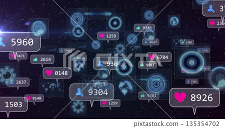 Floating social media notifications and heart counters populating UI with world map fragments 135354702