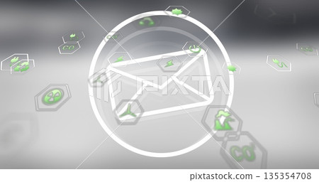 Floating white envelope icon in circular frame hovering over 3D interface, with green icon hexagons 135354708