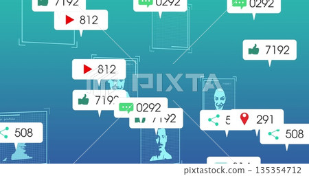 Floating social profile wireframes showing notifications across teal-blue gradient interface Floating social profile wireframes showing notifications across teal-blue gradient interface 135354712