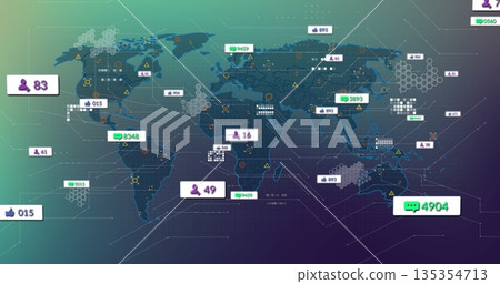 Displaying world map featuring social media analytics on dashboard, with user icons and like icons 135354713