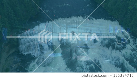 Blending waterfall with office lounge chairs and tall windows under financial data overlays 135354715