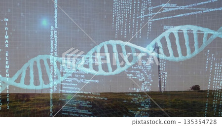 Displaying DNA double helix graphic spanning plain at dusk, with code snippets and 3D grid Displaying DNA double helix graphic spanning plain at dusk, with code snippets and 3D grid 135354728