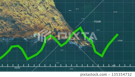 Presenting neon green polyline chart tracing rocky coastline at interface, with grid scale markers 135354732