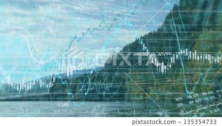 Displaying forested lakeshore blending water with financial candlestick charts and grid overlays Displaying forested lakeshore blending water with financial candlestick charts and grid overlays 135354733