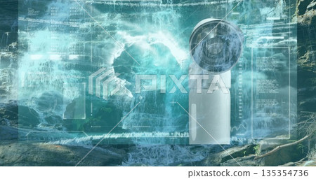 Scanning waterfall, sleek white sensor turret showing holographic data overlay in gorge, copy space Scanning waterfall, sleek white sensor turret showing holographic data overlay in gorge, copy space 135354736