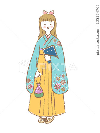 Illustration of a young woman standing in a hakama holding a diploma 135354765