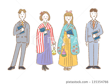 圖：四名身著正裝的男女學生手持畢業證書站立。 135354766