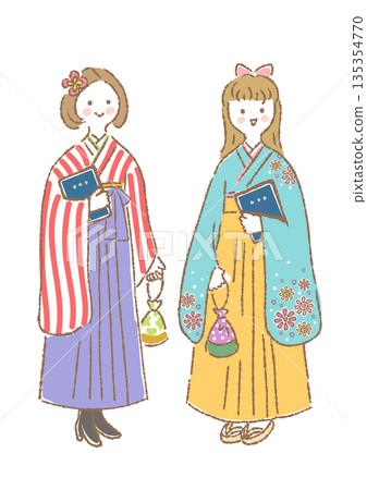 Illustration of two young women standing in hakama holding diplomas Illustration of two young women standing in hakama holding diplomas 135354770