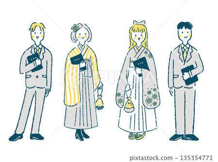 四名身著正裝的男女學生手持畢業證書的插圖 135354771