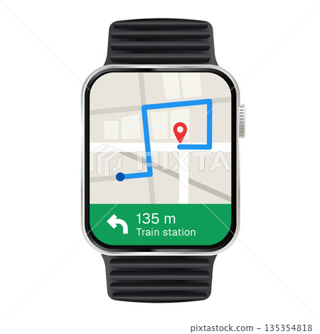smartwatch displaying gps navigation map interface with route path and location pin wearable technology concept for travel direction and location tracking app design smartwatch displaying gps navigation map interface with route path and location pin wearable technology concept for travel direction and location tracking app design 135354818