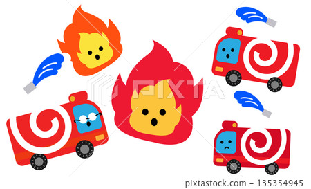 一幅可愛的防災減災插圖，描繪了火球和消防車。 135354945