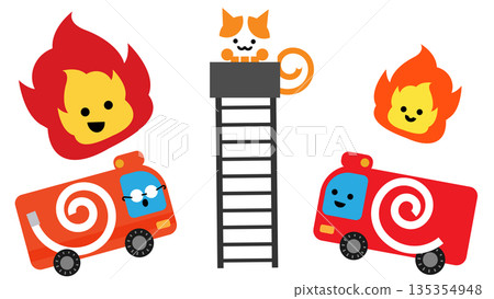 A cute disaster prevention illustration of a fire engine and flames extinguishing a fire with a ladder truck 135354948