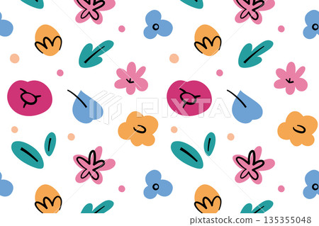 Bright floral doodle pattern with buds and leaves, vector flat cartoon illustration in playful style. Roses, daisies, anthuriums and tulips for spring themes, textiles, wallpapers 135355048