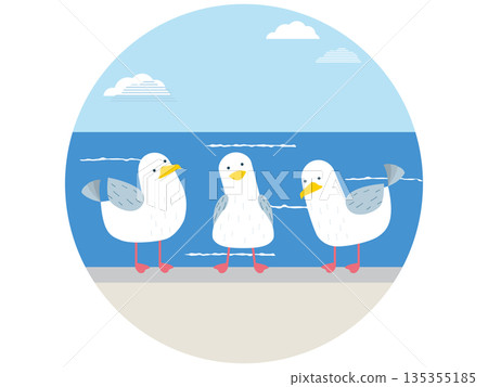 A simple, cute, flat illustration of three seagulls lined up on a breakwater A simple, cute, flat illustration of three seagulls lined up on a breakwater 135355185