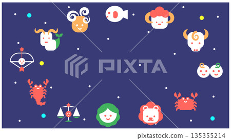 A cute illustration set featuring characters from the 12 zodiac signs 135355214