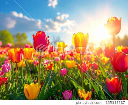春日陽光下,五彩繽紛的鬱金香花田熠熠生輝。背景是盛開的花園和蔚藍的天空。 春日陽光下,五彩繽紛的鬱金香花田熠熠生輝。背景是盛開的花園和蔚藍的天空。 135355387