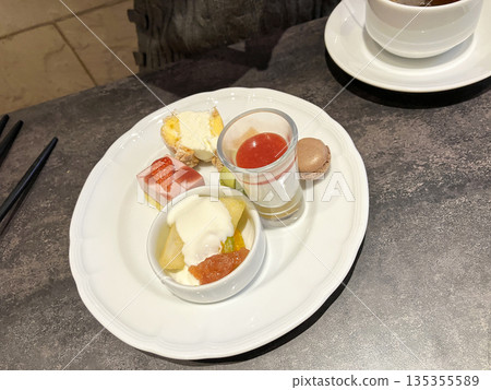 Blissful Tea Time: Colorful Bite-sized Dessert Platter 135355589