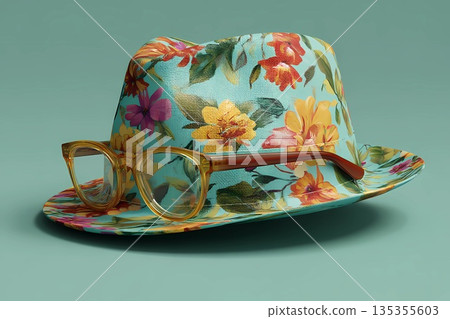 Floral Panama Hat Paired With Stylish Glasses Brightening Any Summer Day Generative AI 135355603