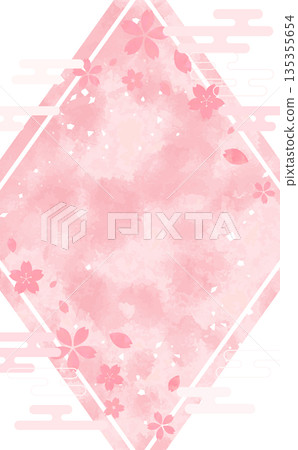 Cherry blossom hand-drawn Japanese style diamond frame _ no background _ vertical 135355654