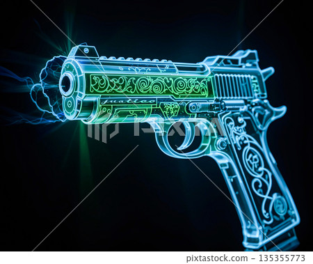 Translucent cyberpunk pistol with emerald aura. A translucent, digitally rendered pistol with intricate detailing glows with an emerald green aura.  135355773