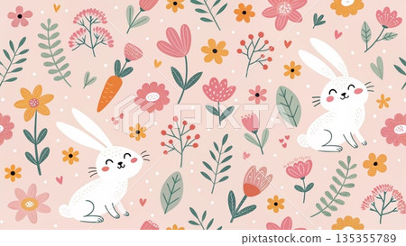 Cute Easter bunny seamless fabric pattern playful white rabbits 135355789