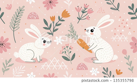 Cute Easter bunny seamless fabric pattern playful white rabbits 135355798