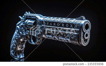 Ornate engraved revolver with floral details.  Ornate engraved revolver featuring intricate floral designs and decorative motifs covering the barrel and body.  135355936