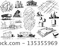many hand drawn architectectural sketches of a modern abstract fantastic architecture and urban ideas, buildings and people 135355969