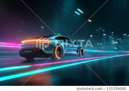 Electric Sports Car Speeds Through Neon-Lit City Streets Under Night Sky Generative AI Electric Sports Car Speeds Through Neon-Lit City Streets Under Night Sky Generative AI 135356088