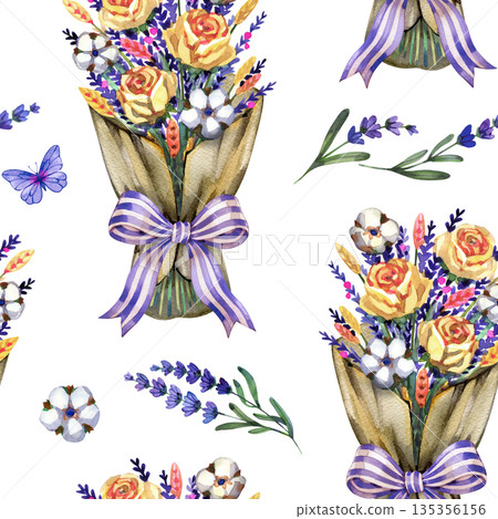 Charming watercolor seamless pattern featuring lavender bouquets in kraft paper tied with purple ribbons and butterflies. Hand-painted botanical design for rustic decor. Charming watercolor seamless pattern featuring lavender bouquets in kraft paper tied with purple ribbons and butterflies. Hand-painted botanical design for rustic decor. 135356156
