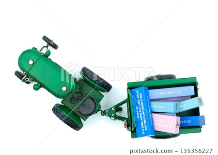Green Tractor And Trailer Full of Bible Verse Blocks Looking Downwards 135356227