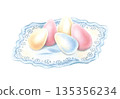 Painted Easter eggs lie on elegant lace napkin. Pastel colors, minimalist Bright Holiday. Traditional festive religious composition. Hand drawn watercolor isolated illustration. Vintage, home comfort 135356234