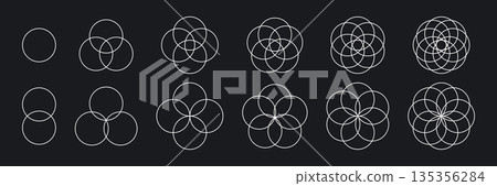 Intersecting circles set. Circle Venn diagram with four, five and six parts. Infographic chart line icon. 2,3,4 overlap balance elements diagram. Vector illustration isolated on black background Intersecting circles set. Circle Venn diagram with four, five and six parts. Infographic chart line icon. 2,3,4 overlap balance elements diagram. Vector illustration isolated on black background 135356284