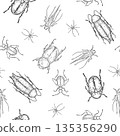 Variety of insects and arachnids black white vector seamless pattern. Outline beetles different shapes and form on endless background. Cockroach and bugs repeat for nature print design. 135356290