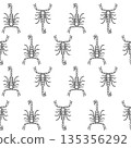 Black and white scorpion vector hand drawing seamless pattern design. Reptile animal in outline linear graphic wallpaper. Scorpio zodiac sign monochrome repeat background. Scorpion minimal print. 135356292
