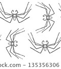 Seamless vector outline pattern with spider. Hand drawn arachnid art print for Halloween, kids activity book, or textile design. Black white creepy daddy long legs spider repeat background. 135356306