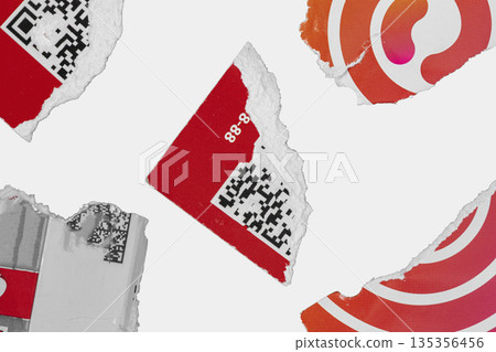 Torn paper with a barcode pattern and distressed pieces paper stickers texture. Collage of torn sticker pieces with QR codes, numbers and bold patterns, chaotic branding background Torn paper with a barcode pattern and distressed pieces paper stickers texture. Collage of torn sticker pieces with QR codes, numbers and bold patterns, chaotic branding background 135356456