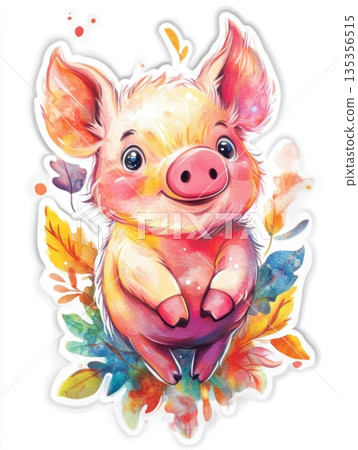cute cheerful cartoon piglet on white background 135356515