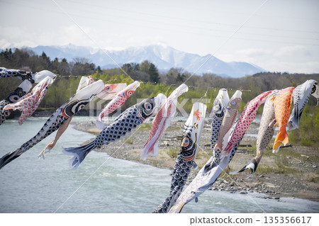 鯉魚彩帶在北海道的天空中游動 135356617