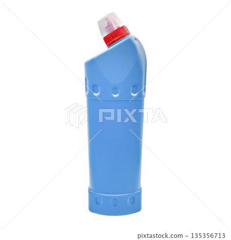 A light blue bottle of cleaning product. The lid is white with a red ring at the base. A universal container for detergent, cleaning gel, or household chemicals. 135356713