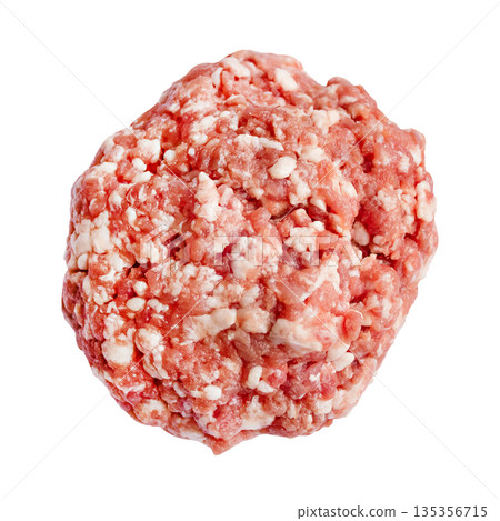 Close-up of pink-red with white speckles, round-shaped minced raw meat, semi-finished product. 135356715