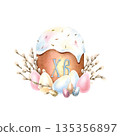 Traditional Easter composition kulich, colorful eggs, fluffy willow buds. Symbol of Orthodox Easter and spring renewal. Russian Letters Christ is Risen in center. Watercolor isolated Illustration 135356897