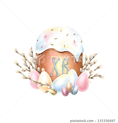 Traditional Easter composition kulich, colorful eggs, fluffy willow buds. Symbol of Orthodox Easter and spring renewal. Russian Letters Christ is Risen in center. Watercolor isolated Illustration Traditional Easter composition kulich, colorful eggs, fluffy willow buds. Symbol of Orthodox Easter and spring renewal. Russian Letters Christ is Risen in center. Watercolor isolated Illustration 135356897